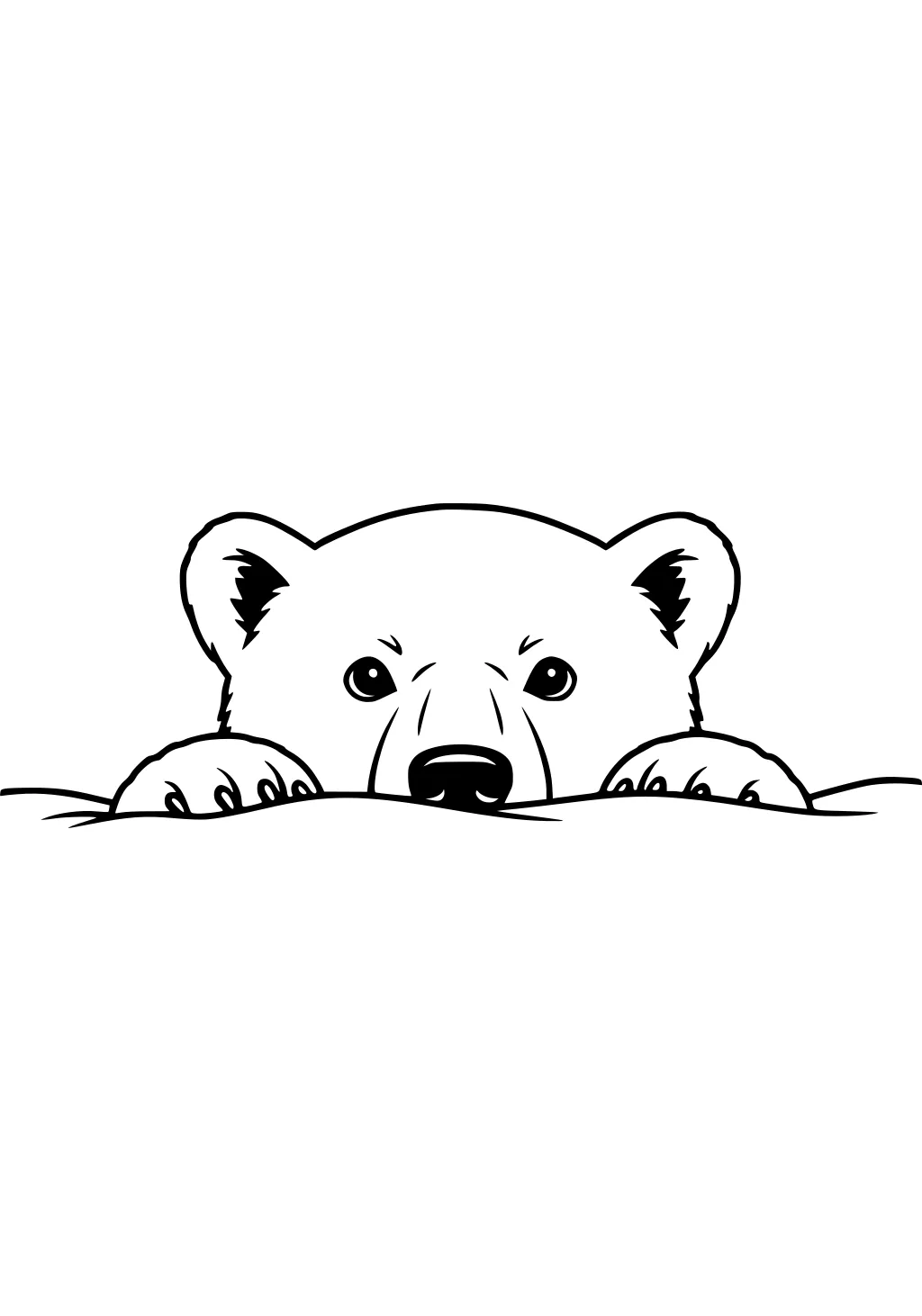 Polar bear cub peeking over a mound, showing its face, ears, and both front paws.