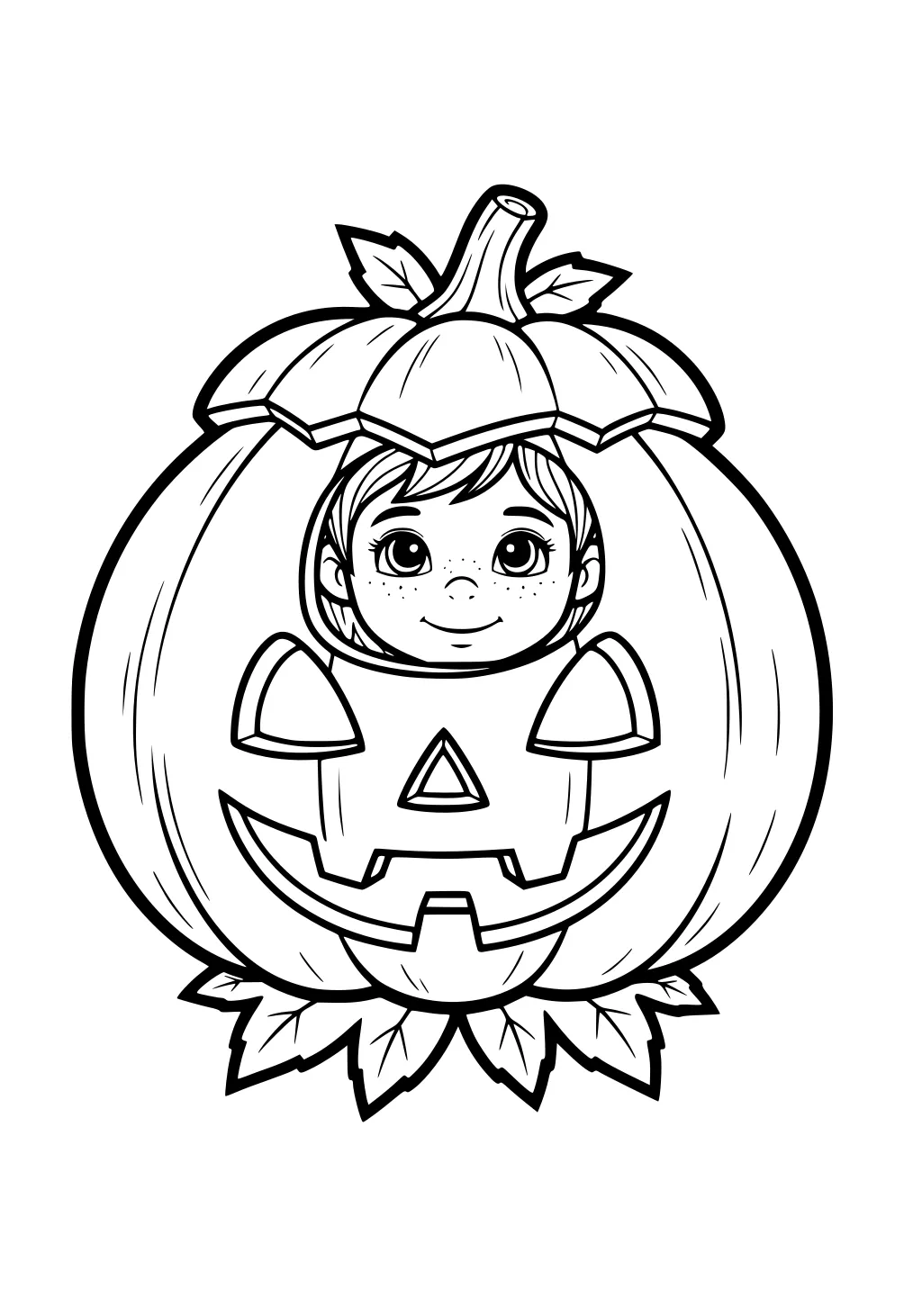 Smiling girl peeks from inside a jack-o-lantern pumpkin with triangle nose, wide grin, stem hat, and leafy base.