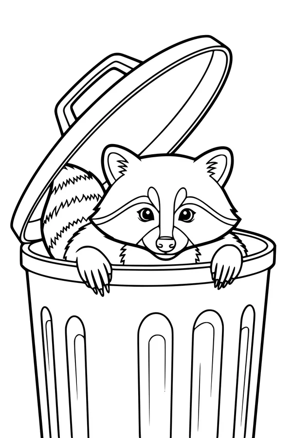 Free Raccoon Coloring Page - Cute Trash Can Peek (Printable PDF)