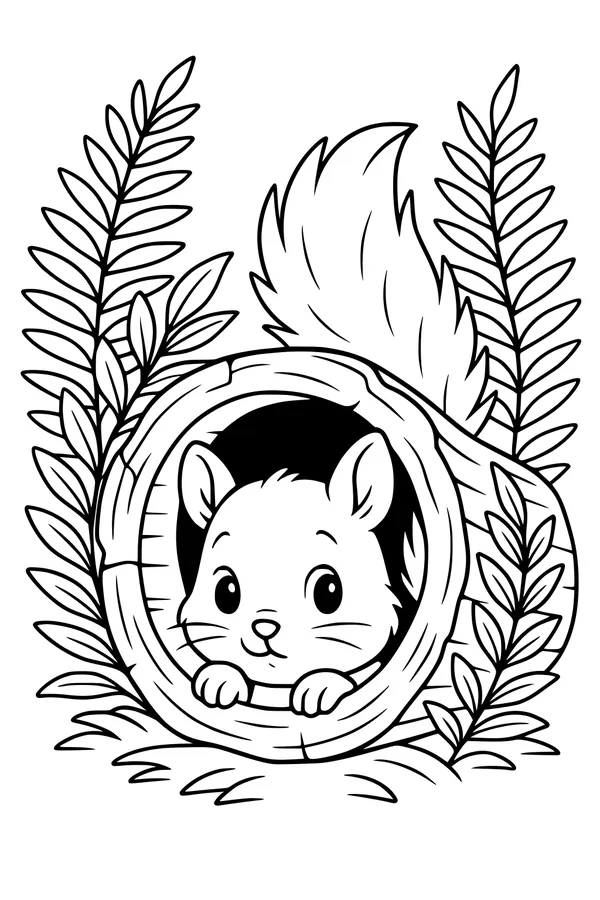 Free Squirrel Coloring Page - Peekaboo in a Leafy Log (Printable PDF)