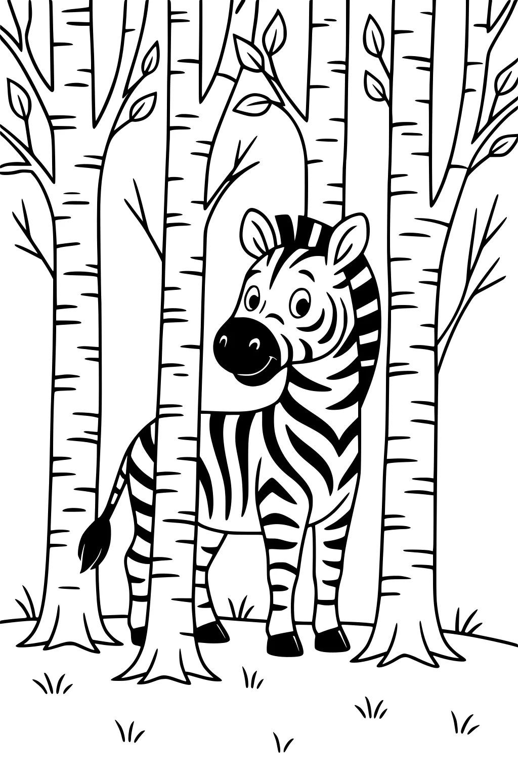 Smiling cartoon zebra peeks between slim birch trees; bold stripes, perky ears, big muzzle, small leaves and tufts of grass.