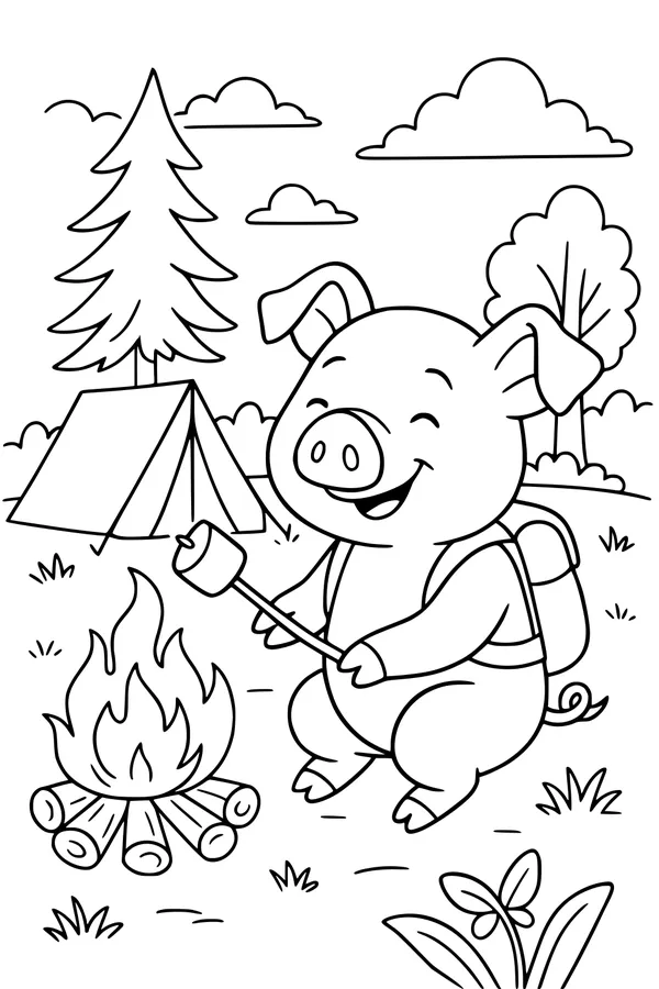 Free Pig Coloring Page - Camping Pig Roasting Marshmallows (Printable PDF)