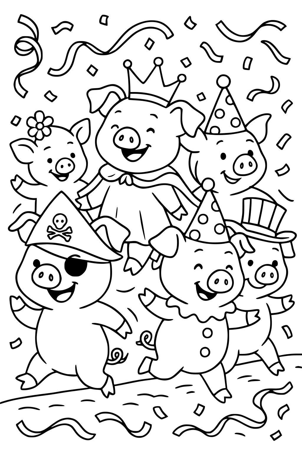 Six pigs in costumes and hats dance together with confetti and streamers falling around them.
