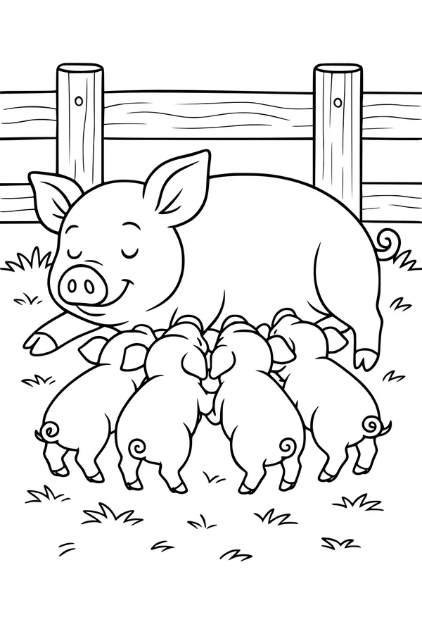 Free Pig Coloring Page - Mama Pig Resting With Piglets (Printable PDF)