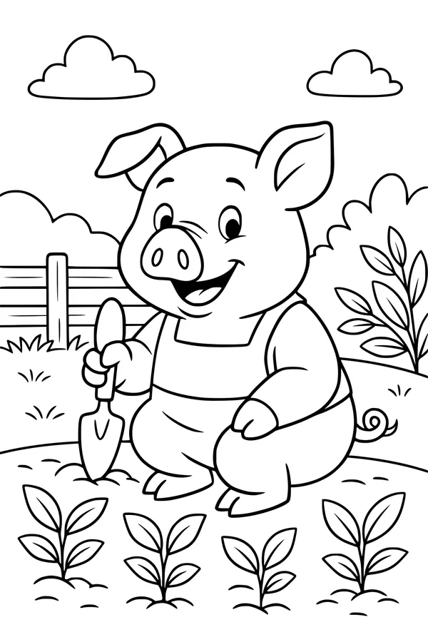 Free Pig Coloring Page - Happy Pig in Overalls in Vegetable Garden (Printable PDF)