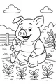Free Pig Coloring Page - Happy Pig in Overalls in Vegetable Garden (Printable PDF)