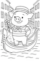 Free Pig Coloring Page - Cartoon Pig in Gondola on City Canal (Printable PDF)