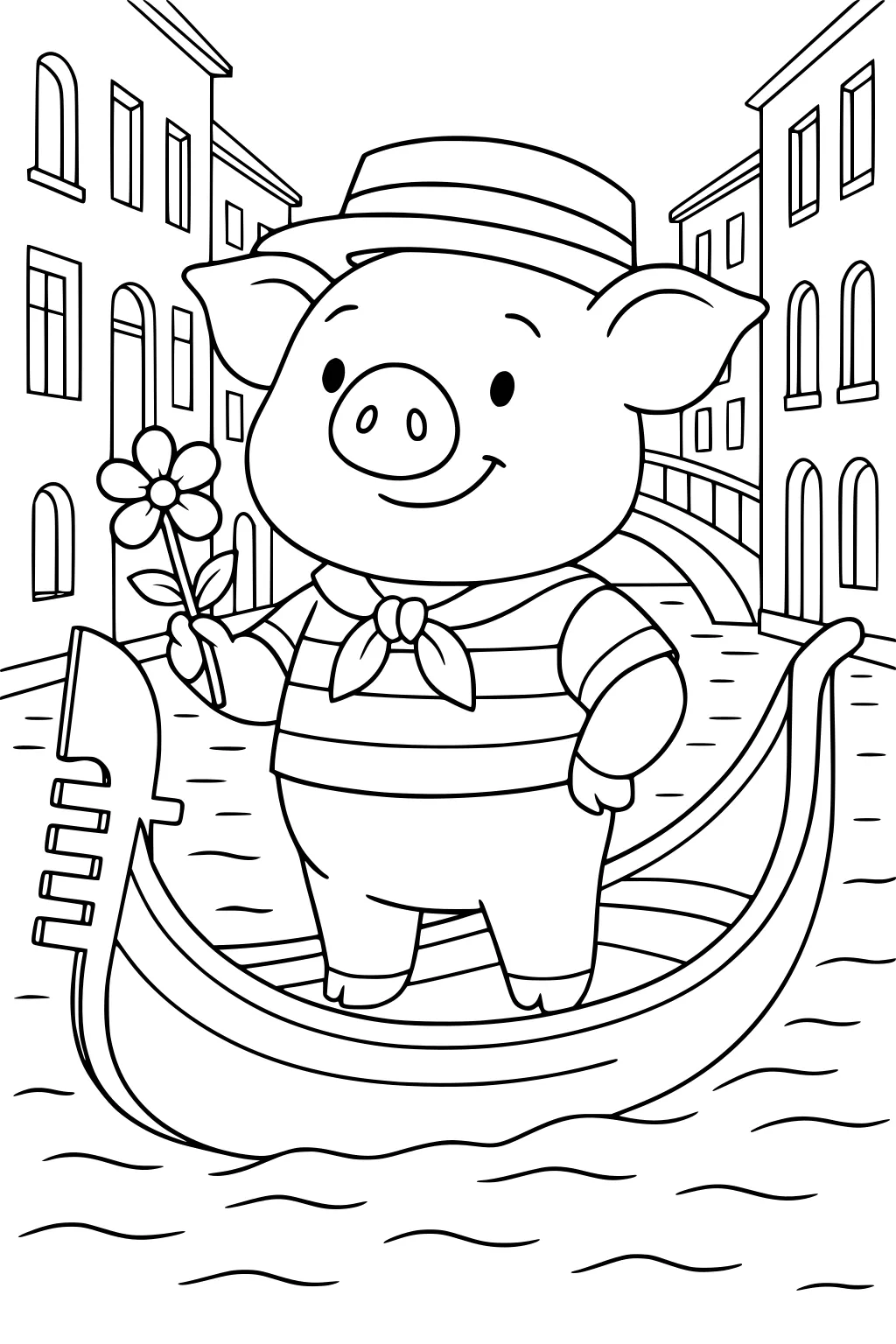 Cartoon pig in striped shirt and hat stands in a gondola, holding a flower, on a canal lined with buildings and a bridge.