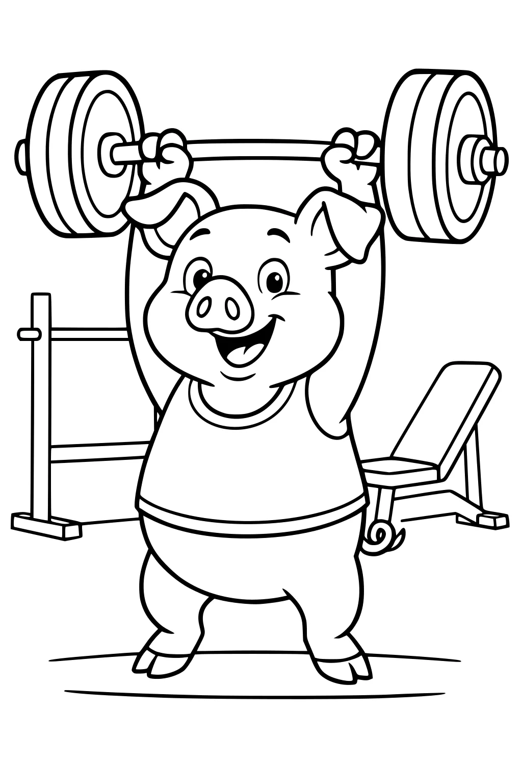 Cartoon pig in a gym tank top lifting a barbell, with a bench and rack nearby.