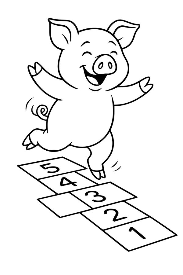 Free Pig Coloring Page - Happy Pig Playing Hopscotch (Printable PDF)