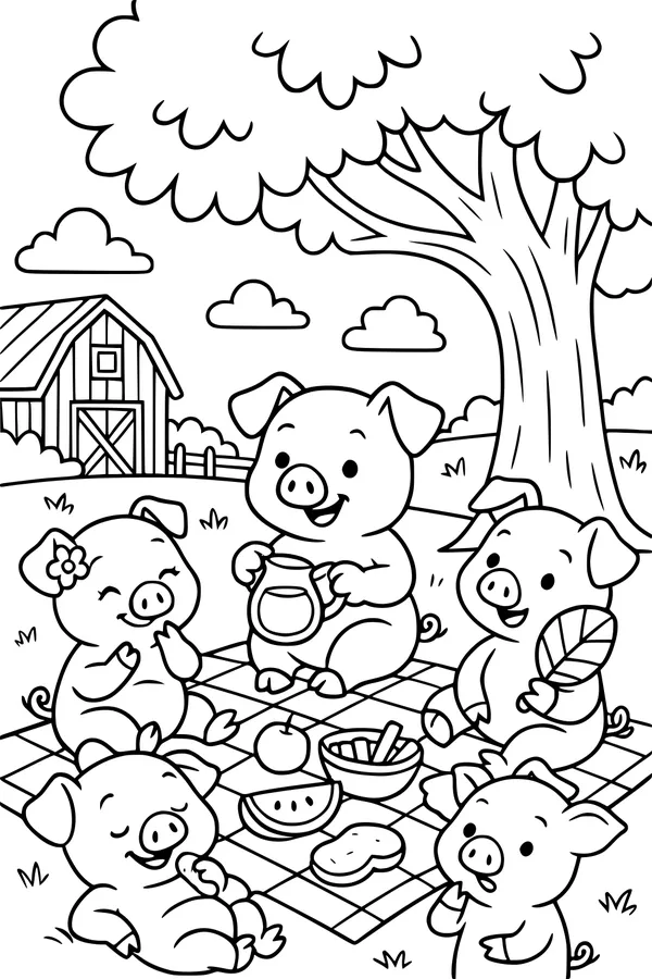 Free Pig Coloring Page - Picnic Pigs Under a Big Tree (Printable PDF)