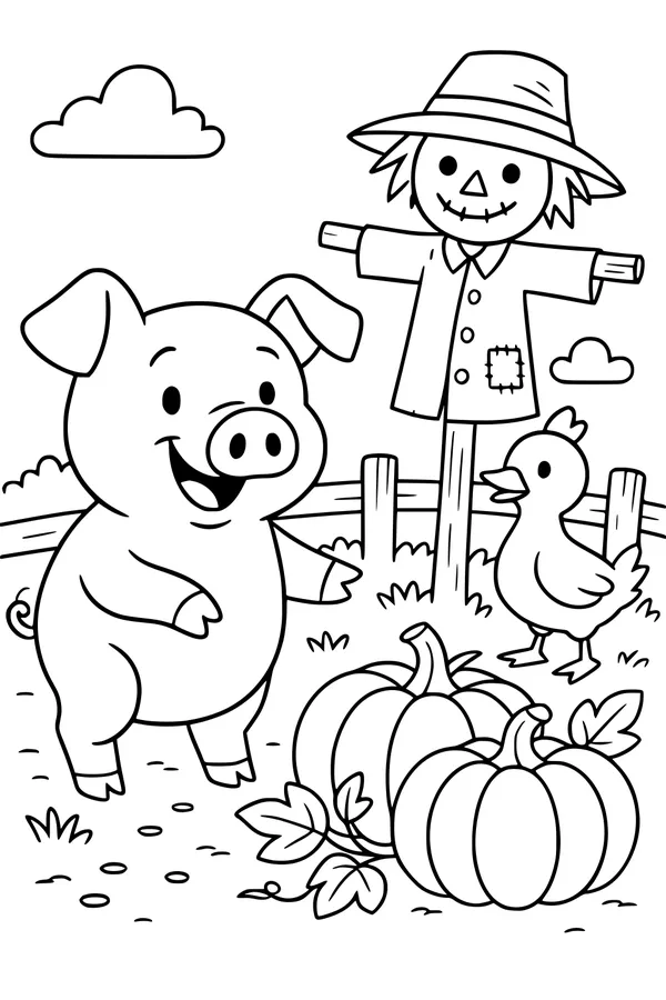 Free Piglet Coloring Page - Pumpkin Patch Farmyard Scene (Printable PDF)