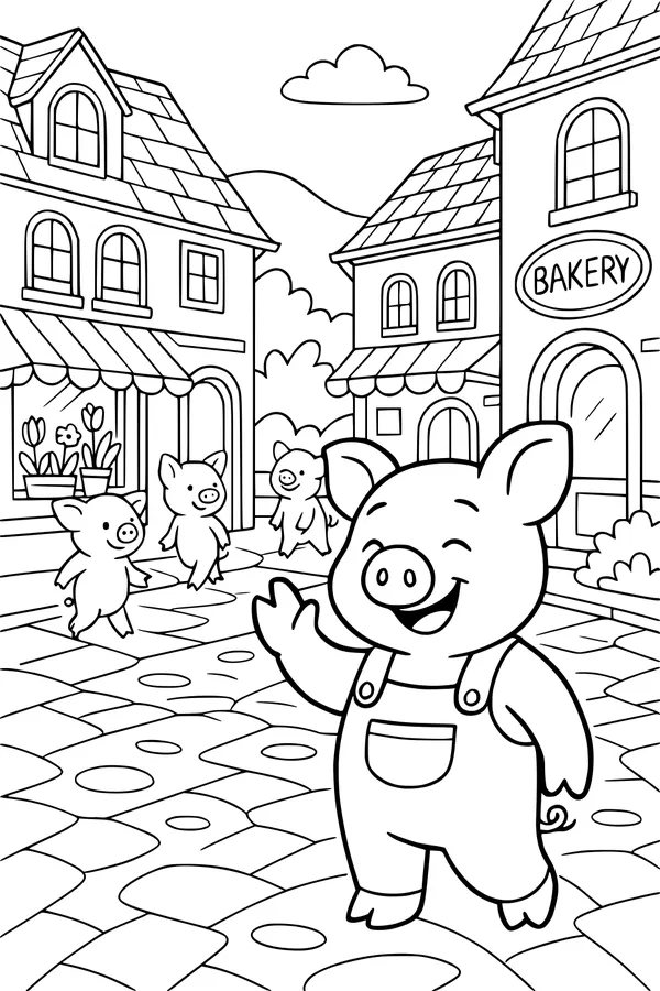 Free Pig Coloring Page - Piggy Parade in Village Street (Printable PDF)