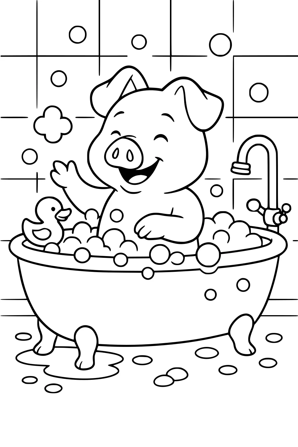Smiling pig sitting in a bubble-filled bathtub with a rubber duck, surrounded by soap suds and a tiled bathroom wall.
