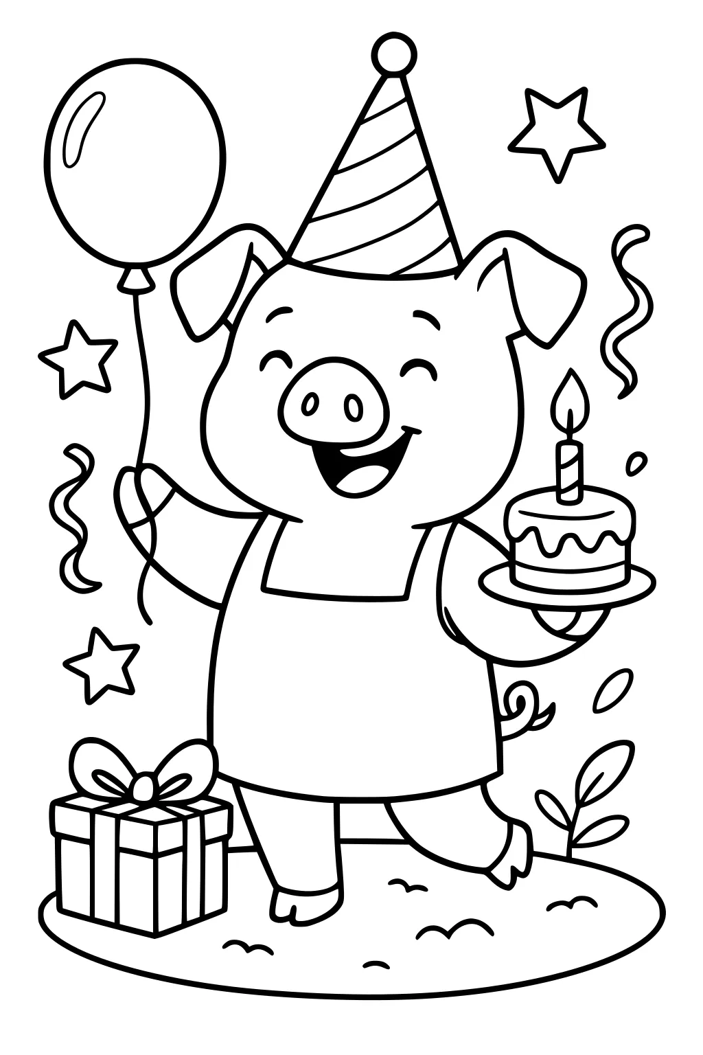 A happy pig with a party hat holds a balloon and cake, stands by a gift box, surrounded by confetti, stars, and leaves.