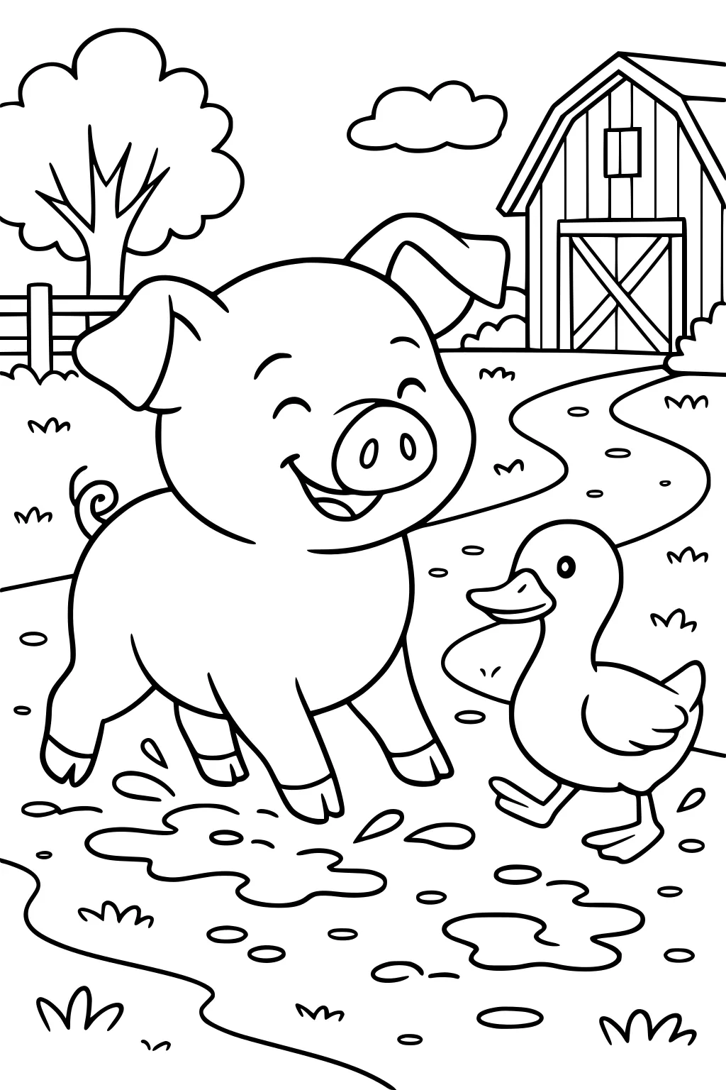 Pig and duck play in puddles on a farm path with a barn, tree, fence, grass, and clouds in the background.