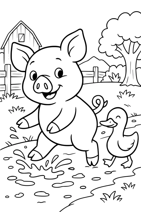 Free Pig Coloring Page - Muddy Puddle Fun with Duck (Printable PDF)