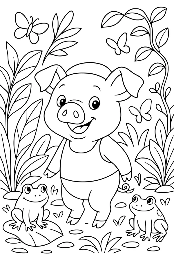 Free Piglet Coloring Page - Pond Party With Frogs and Butterflies (Printable PDF)