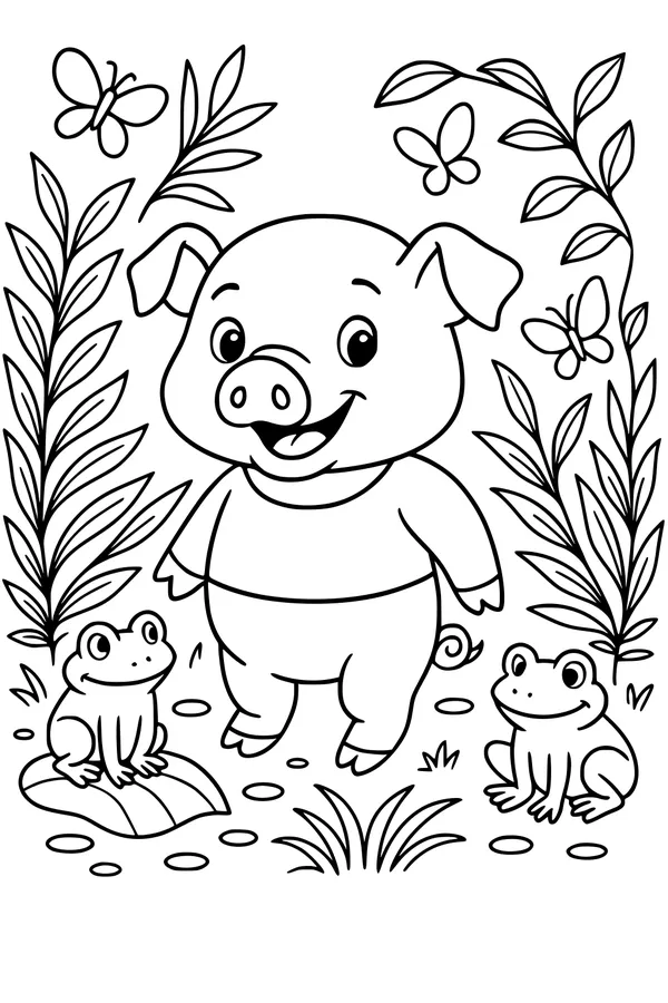 Free Piglet Coloring Page - Piglet and Froggy Friends in the Garden (Printable PDF)