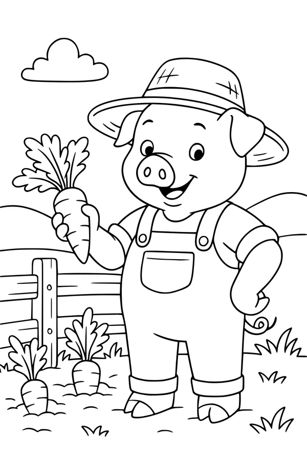 Free Pig Coloring Page - Happy Farmer Pig With Carrot In Garden (Printable PDF)