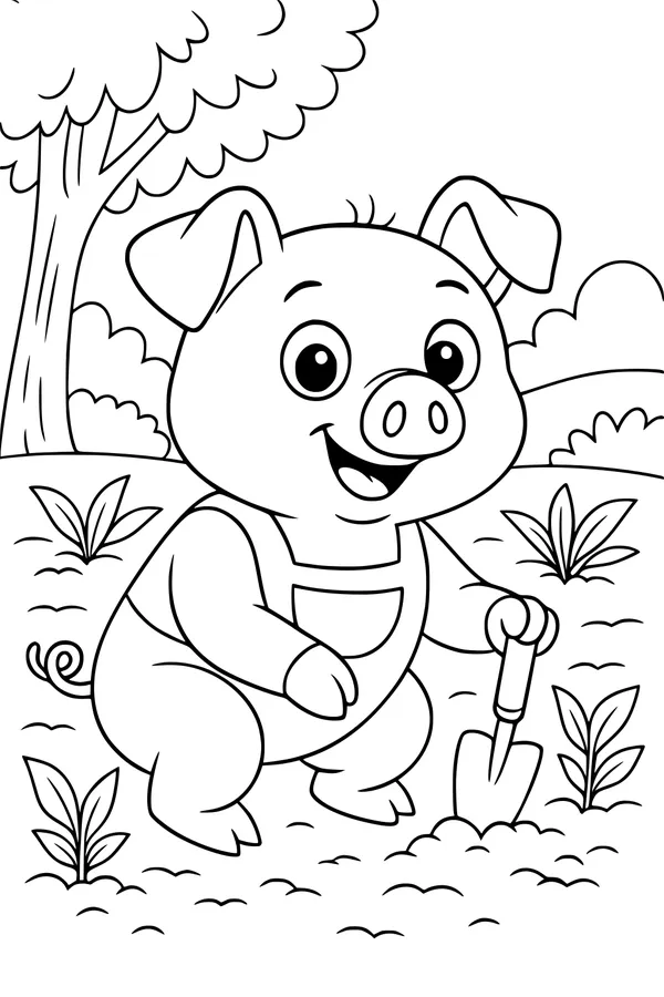 Free Pig Coloring Page - Cute Piglet Digging in a Garden (Printable PDF)
