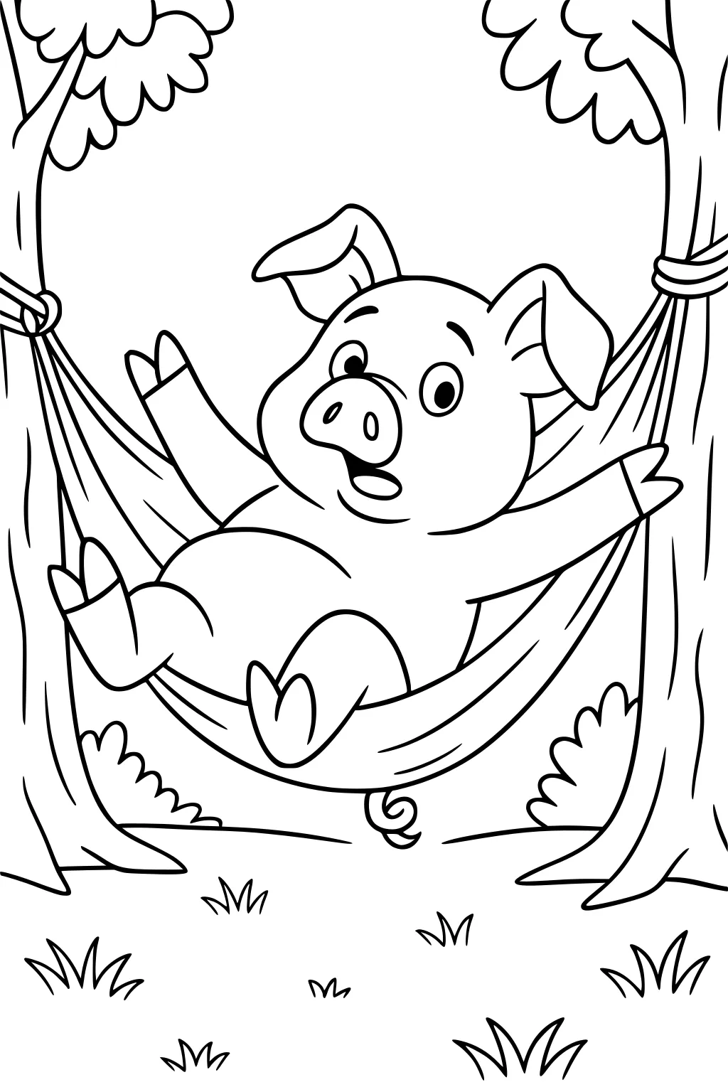 Pig with big ears swinging in a hammock tied between two trees, surrounded by grass and bushes.