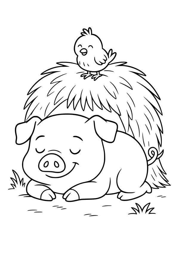 Free Pig Coloring Page - Smiling Pig Napping by a Haystack (Printable PDF)