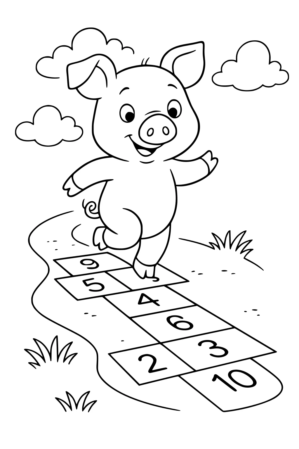 Piglet hopping on a numbered hopscotch path with grass and clouds in the background.