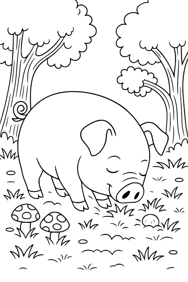 Free Pig Coloring Page - Sleepy Forest Meadow Scene (Printable PDF)