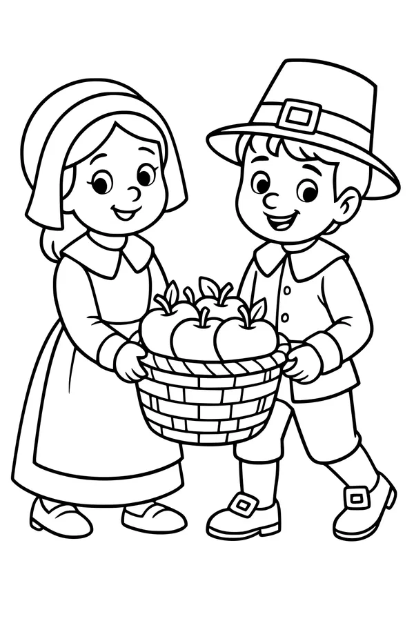 Free Pilgrim Kids Coloring Page - Apple Harvest Basket Scene (Printable PDF)