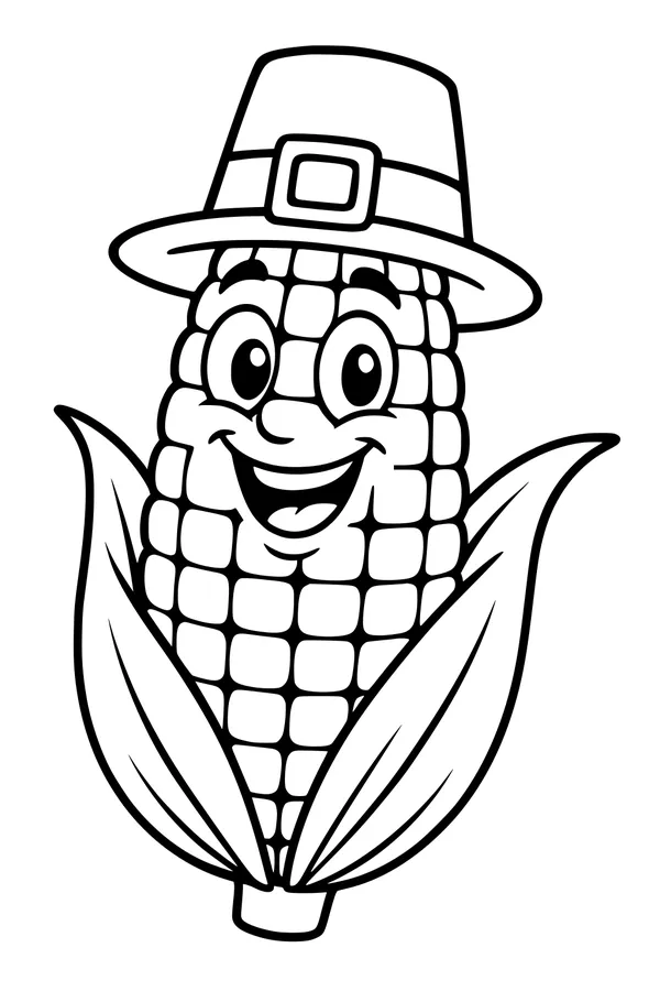 Free Corn Cob Coloring Page - Smiling Pilgrim Harvest Character (Printable PDF)