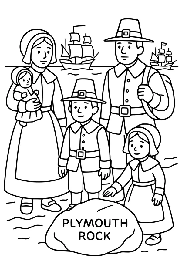 Free Pilgrim Family Coloring Page - Plymouth Rock Thanksgiving Scene (Printable PDF)