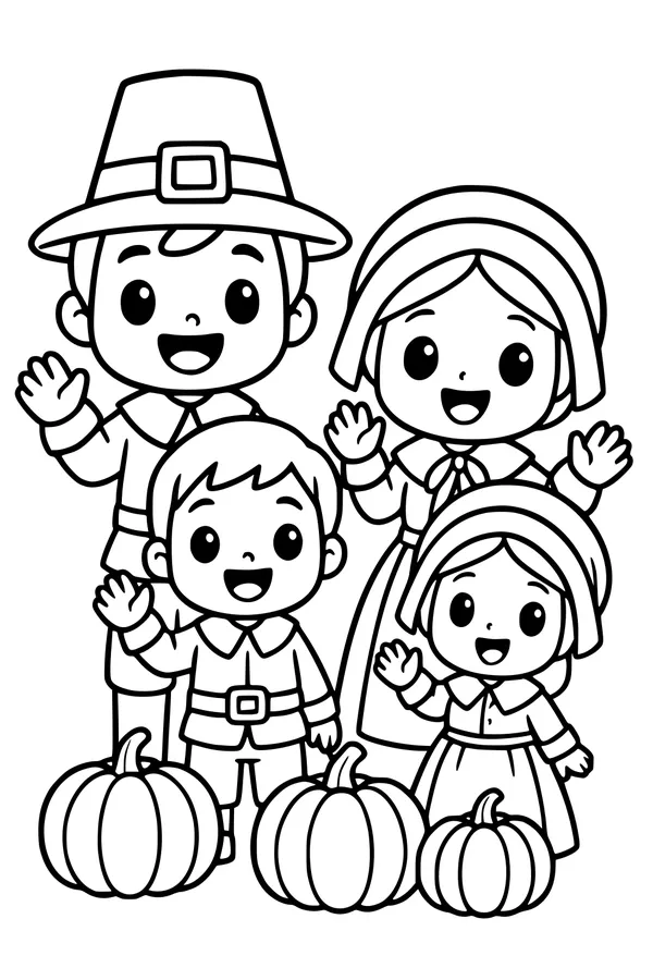 Free Pilgrim Family Coloring Page - Happy Thanksgiving Pumpkin Scene (Printable PDF)