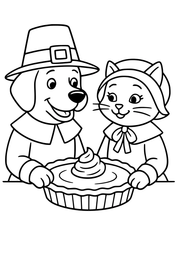 Free Thanksgiving Pets Coloring Page - Pilgrim Dog and Cat With Pie (Printable PDF)