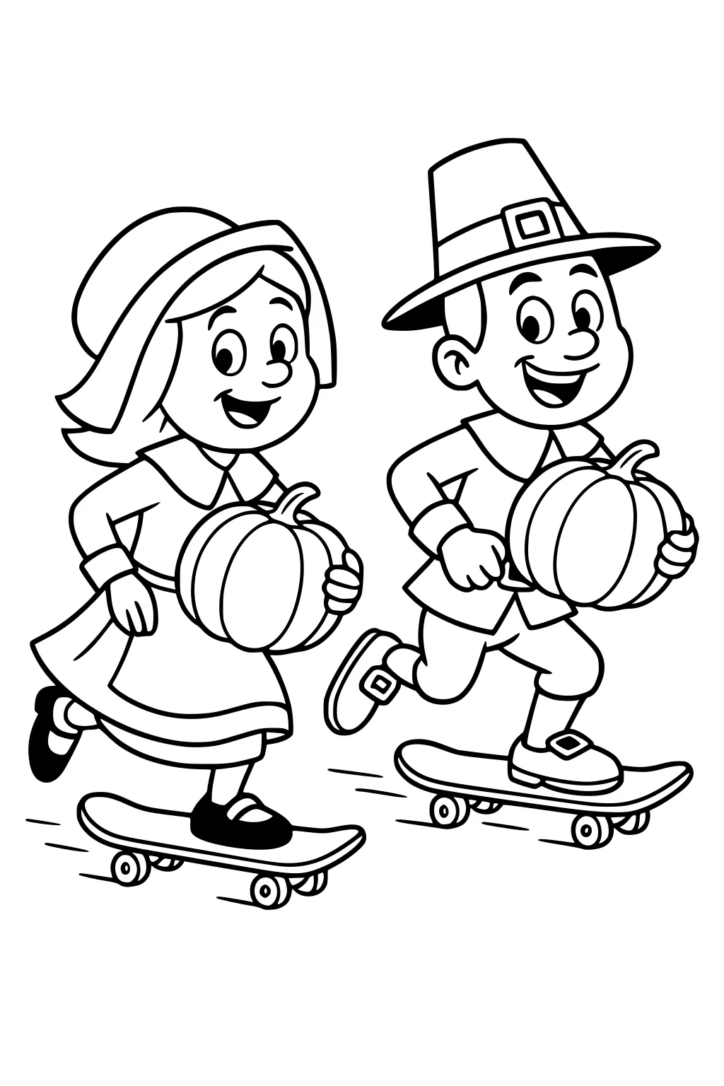 Pilgrim boy and girl skateboarding while carrying pumpkins, smiling, with buckle hat and shoes, dress and motion lines.