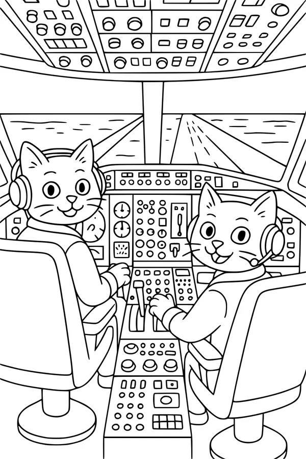 Free Cat Coloring Page - Pilot Cats in Airplane Cockpit (Printable PDF)