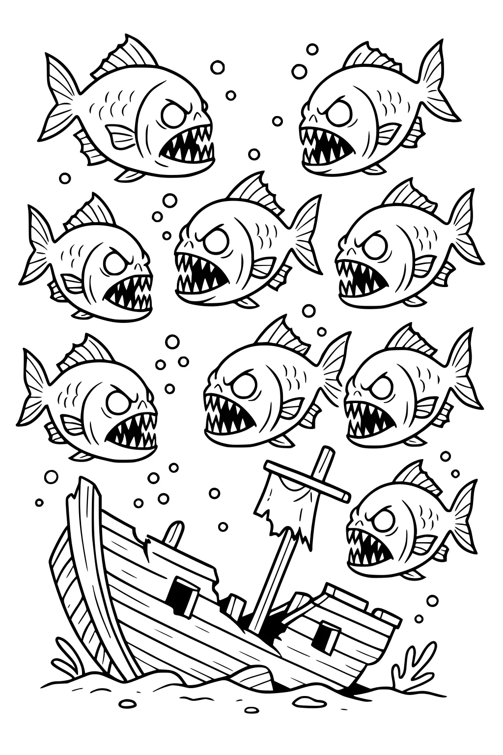 Cartoon piranha-like sea monsters circling a tilted sunken wooden ship with bubbles and seaweed on the ocean floor.