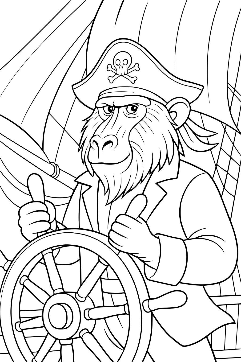 Baboon pirate captain steering a ship with sails and a pirate hat, gripping the ship’s wheel with both hands.