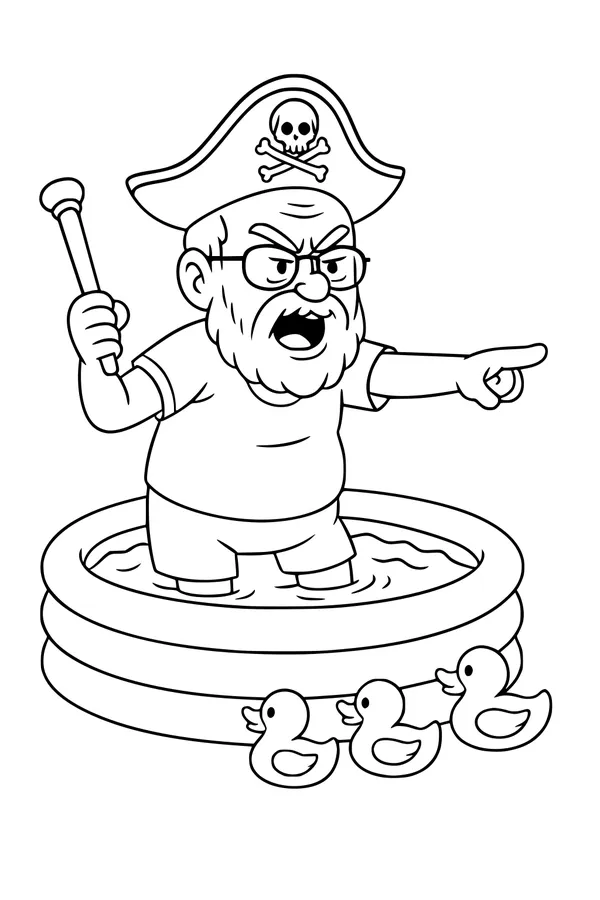 Free Grandpa Pirate Coloring Page - Captain in Kiddie Pool With Rubber Ducks (Printable PDF)