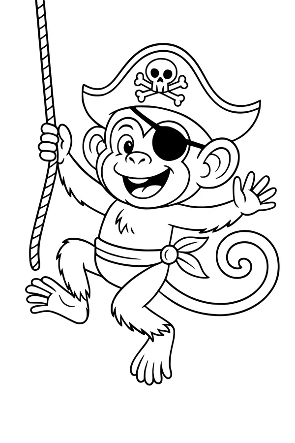 Free Monkey Coloring Page - Pirate Captain Swinging on a Rope (Printable PDF)