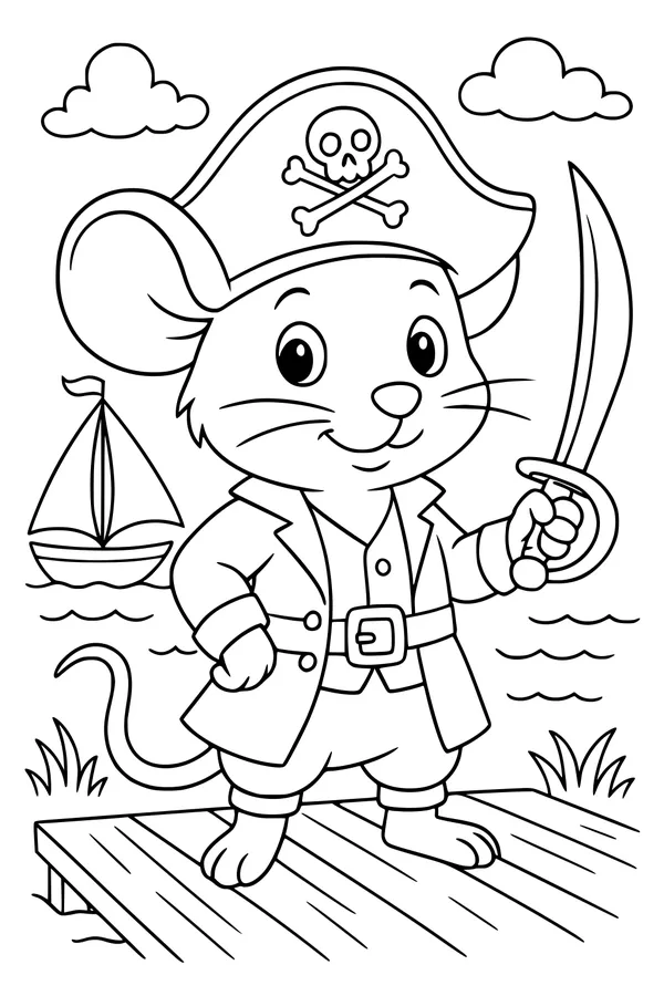 Free Mouse Coloring Page - Pirate Captain on the Dock (Printable PDF)