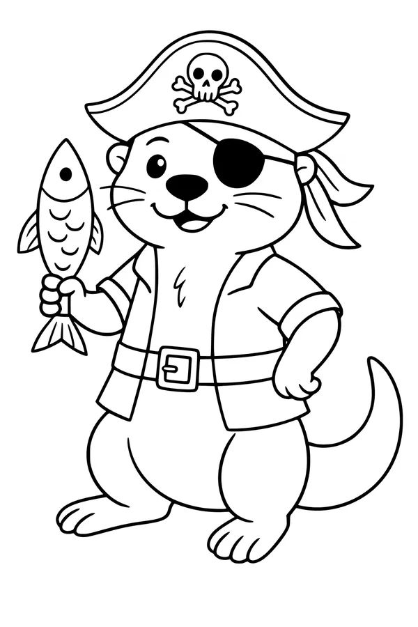 Free Otter Coloring Page - Pirate Captain With Fish (Printable PDF)