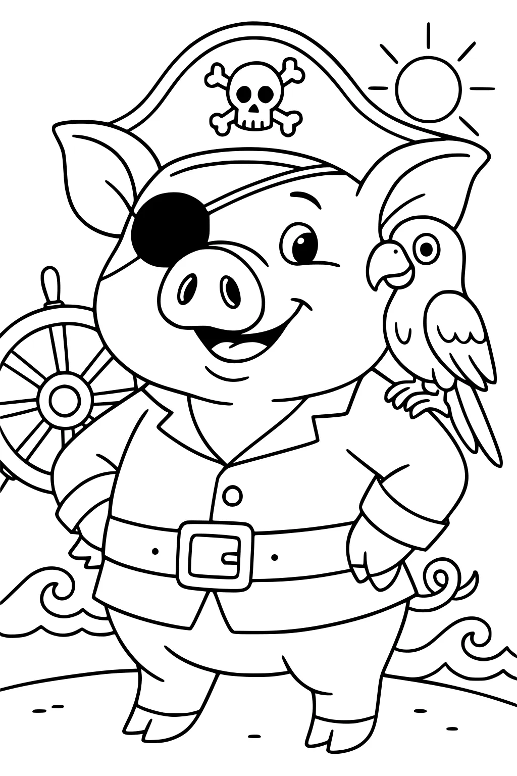 Pig in pirate hat with skull, eye patch, coat, parrot on arm, ship wheel, waves, sun in background.