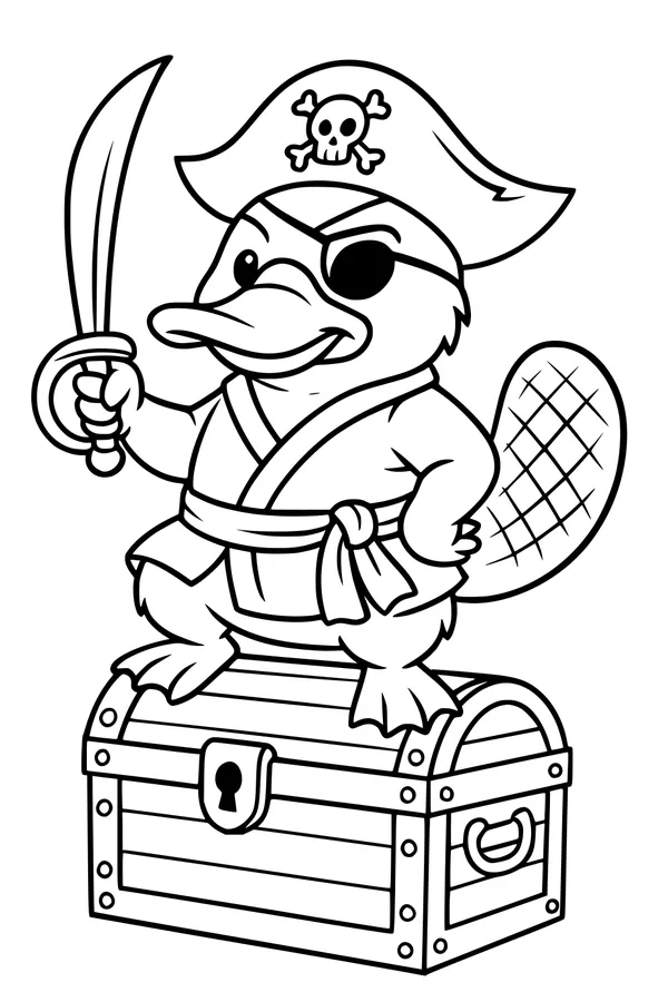 Free Platypus Coloring Page - Pirate Captain With Treasure Chest (Printable PDF)