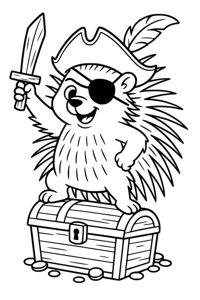 Free Porcupine Coloring Page - Pirate Captain on Treasure Chest (Printable PDF)