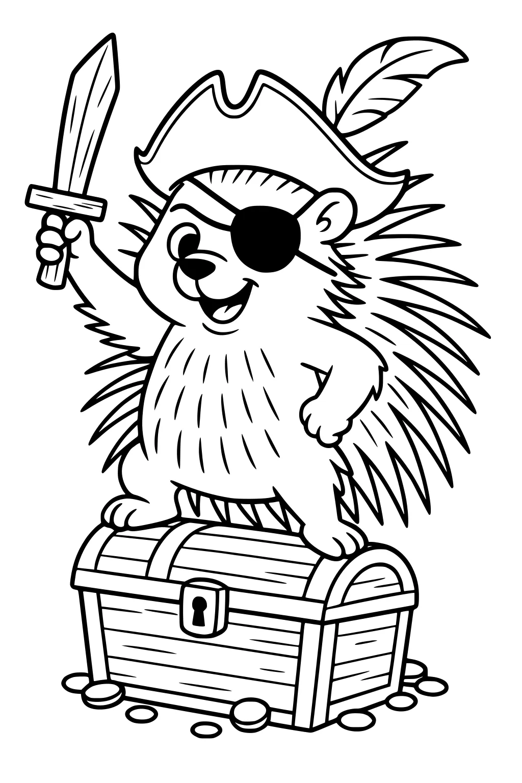 Pirate porcupine with eye patch and sword standing on a treasure chest with coins