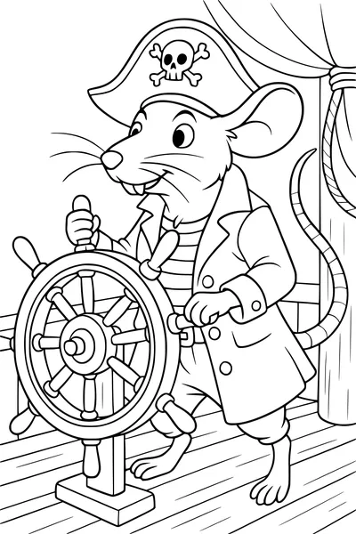 Free Rat Coloring Page - Pirate Captain Steering Ship Wheel (Printable PDF)