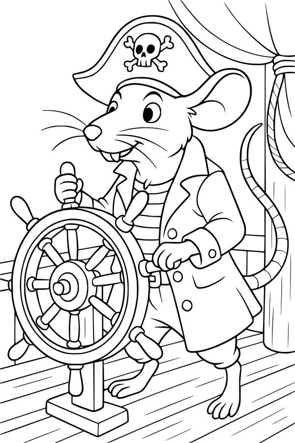 Free Rat Coloring Page - Pirate Captain Steering Ship Wheel (Printable PDF)