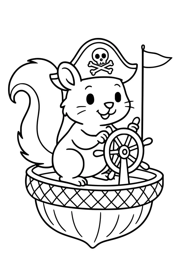 Free Squirrel Coloring Page - Pirate Captain on Acorn Boat (Printable PDF)