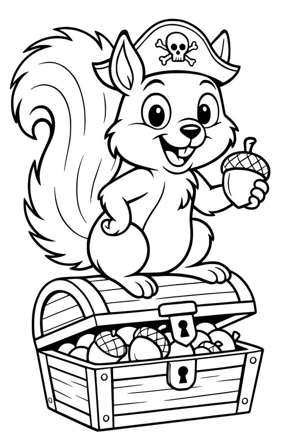 Free Squirrel Coloring Page - Pirate Captain With Acorn Treasure (Printable PDF)